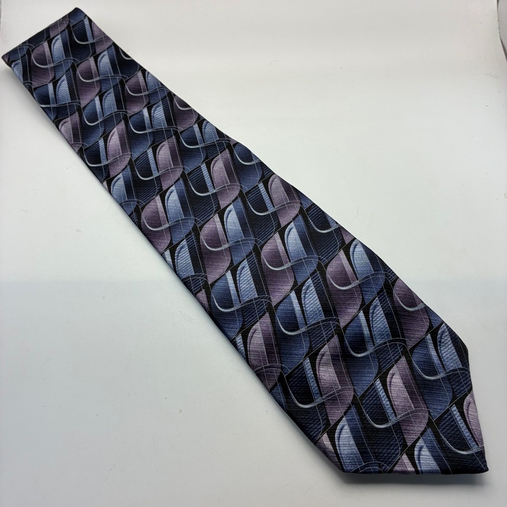 Murano Italia Mens Silk Tie Blue Purple Geometric Abstract Made in USA 4‎ Inch